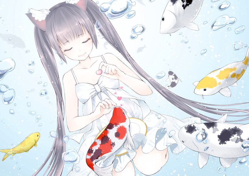 ahira_yuzu animal_ears bare_shoulders brown_hair bubble cat_ears closed_eyes collarbone fish heart koi long_hair original smile solo twintails underwater very_long_hair