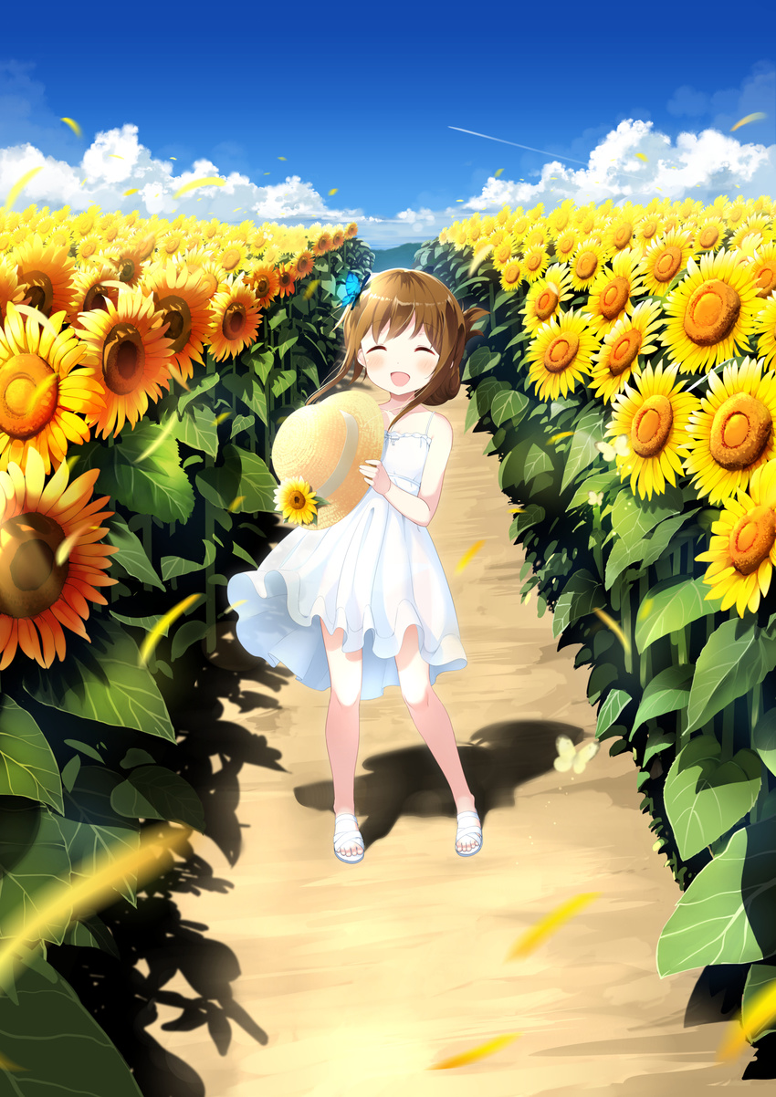 :d ^_^ absurdres bare_shoulders bell_(oppore_coppore) blue_sky blush brown_hair bug butterfly closed_eyes cloud commentary_request day dress field flower flower_field folded_ponytail hat hat_removed hat_ribbon headwear_removed highres holding holding_hat inazuma_(kantai_collection) insect kantai_collection long_hair open_mouth outdoors plant ribbon sandals sky sleeveless sleeveless_dress smile solo standing sun_hat sundress sunflower white_dress