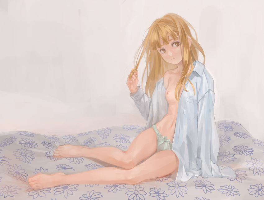 aqua_panties arm_support bad_id bad_pixiv_id barefoot blonde_hair bow bow_panties breasts closed_mouth collared_shirt dress_shirt hand_in_hair head_tilt long_hair long_sleeves navel nipples off_shoulder open_clothes open_shirt original panties shirt sitting sleeves_past_wrists small_breasts solo underwear white_shirt wing_collar yellow_eyes yk_(tnkau)