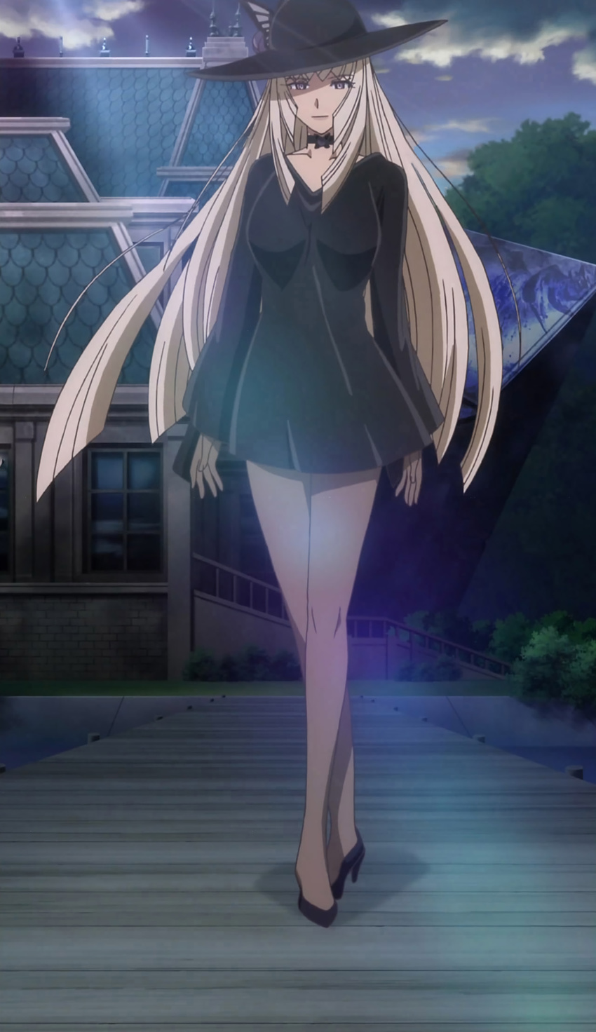 black_dress black_footwear black_gloves black_hat black_legwear blonde_hair bowler_hat breasts bug bush butterfly choker collarbone crossed_legs dress eyebrows eyebrows_visible_through_hair fine_(symphogear) full_body gloves grass hat high_heels highres hime_cut insect large_breasts light_rays lipstick long_hair long_sleeves makeup mansion pier purple_eyes screencap see-through senki_zesshou_symphogear shaded_face smile solo stairs standing stitched third-party_edit tree very_long_hair water watson_cross window