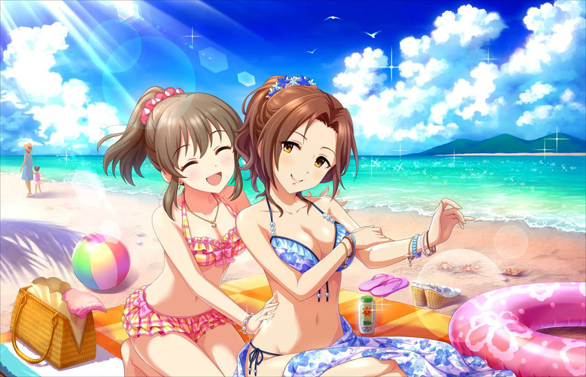 ^_^ applying_sunscreen artist_request beach bikini bracelet brown_eyes brown_hair closed_eyes cloud day earrings frilled_bikini frills hair_ornament hair_scrunchie hori_yuuko idolmaster idolmaster_cinderella_girls idolmaster_cinderella_girls_starlight_stage innertube island jewelry kawashima_mizuki lens_flare lotion midriff multiple_girls necklace ocean official_art outdoors samapuri sand scrunchie sky smile sparkle sunscreen swimsuit