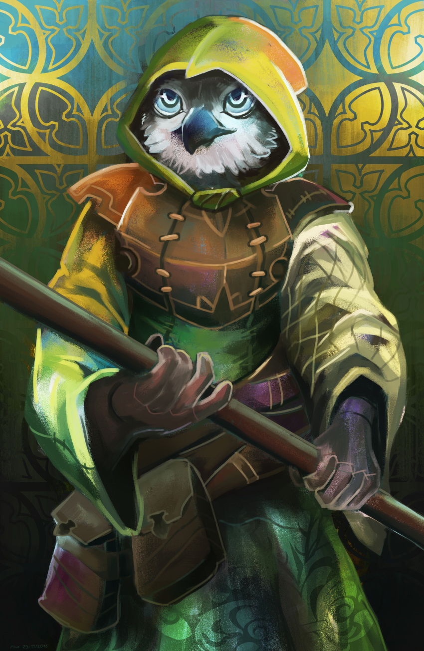 2018 5_fingers absurd_res anthro avian beak bird blue_eyes feathers front_view green_theme hi_res holding_object holding_weapon hood looking_at_viewer male melee_weapon owl pattern_background plive polearm signature simple_background smaller_version_at_source standing weapon white_feathers