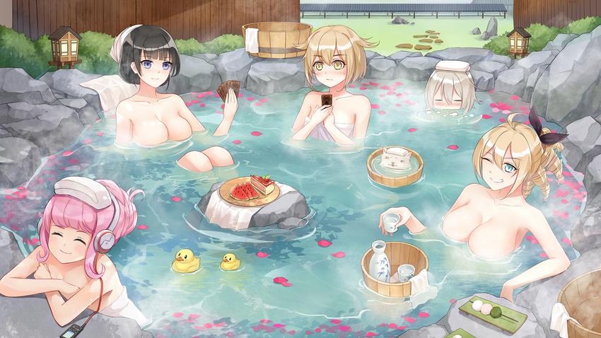 ^_^ ahoge air_bubble alcohol animal architecture arm_support bangs bath bathing black_hair blonde_hair blue_eyes blush breasts bubble bucket bush cable cake card cat cherry_blossoms choko_(cup) closed_eyes closed_mouth collarbone covered_mouth crossed_arms cup dango digital_media_player drill_hair east_asian_architecture eyebrows eyebrows_visible_through_hair flat_chest food from_above fruit grin hair_between_eyes hair_flaps hair_ornament hair_ribbon happy headphones holding holding_card lantern large_breasts listening_to_music looking_at_another medium_breasts multiple_girls naked_towel nude one_eye_closed onsen partially_submerged petals pink_hair plate playing_card ribbon ringlets rock rubber_duck sake sanshoku_dango short_hair slice_of_cake smile steam tamaxi tokkuri towel towel_on_head wagashi water watermelon wet white_cat wooden_bucket wooden_wall yellow_eyes zhanchang_shuang_mawei