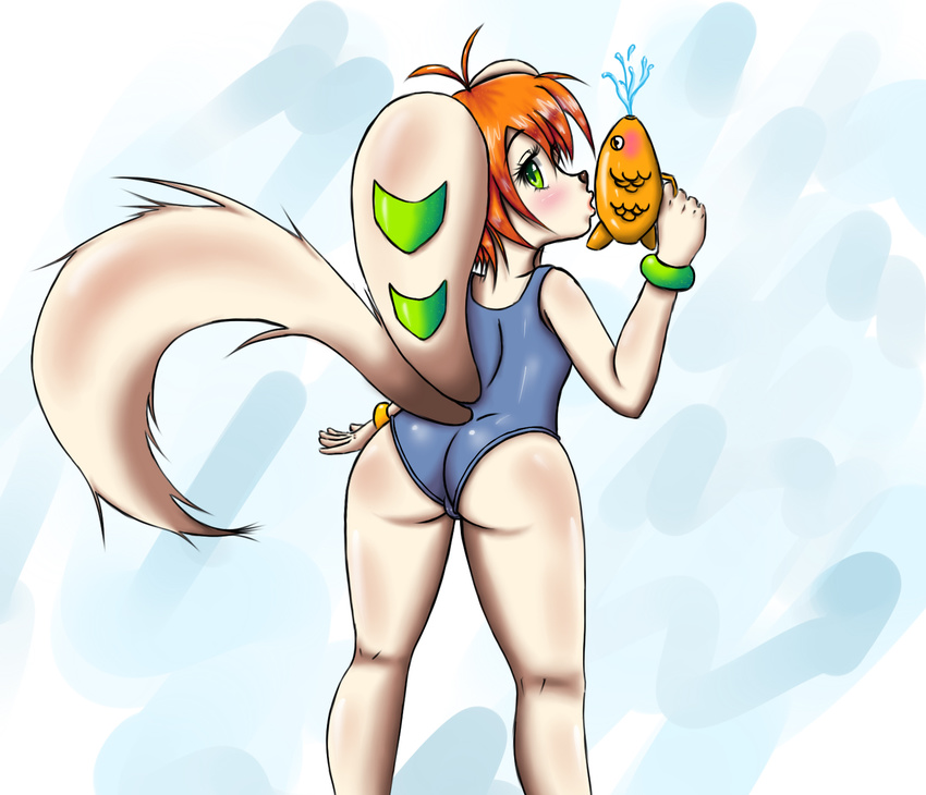 basset_hound blush bracelet butt canine clothing dog floppy_ears freedom_planet fur hair jewelry long_ears looking_back mammal milla_basset mufeet orange_hair presenting presenting_hindquarters swimsuit tagme tight_clothing video_games water_gun white_fur