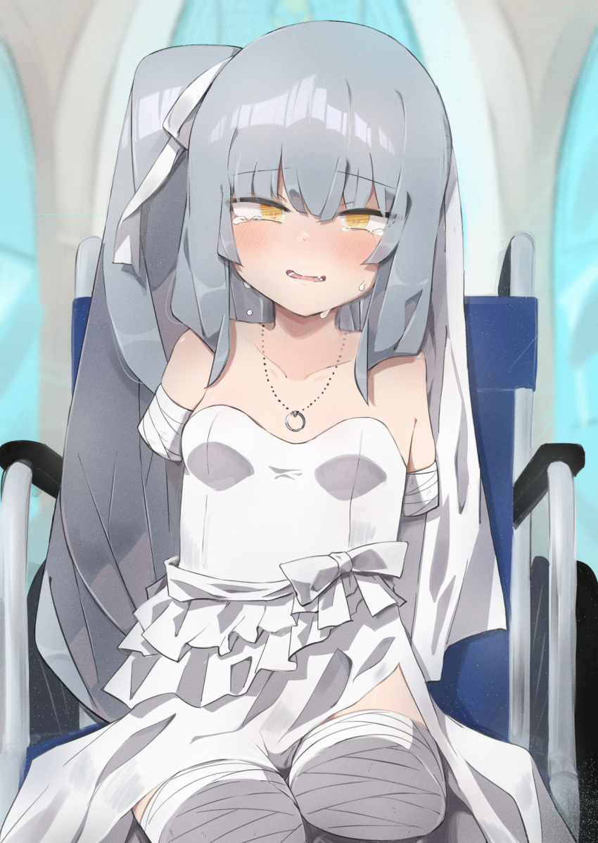 1girl alternate_costume amputee breasts crying crying_with_eyes_open dress grey_hair highres jewelry kantai_collection kasumi_(kancolle) long_hair necklace quadruple_amputee side_ponytail sitting small_breasts solo strapless strapless_dress stump_cover tears wheelchair white_dress yellow_eyes zeroyon_(yukkuri_remirya)