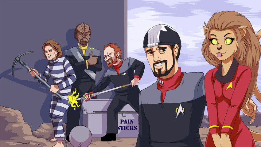 beard black_hair breasts brown_hair caitian derp_eyes facial_hair feline female group hair hat human kathryn_janeway klingon m'ress male mammal matt_(two_best_friends_play) pat_(two_best_friends_play) pickaxe plagueofgripes prisoner red_hair rock star_trek star_trek_the_animated_series sweat thumbs_up tongue tongue_out worf yellow_eyes