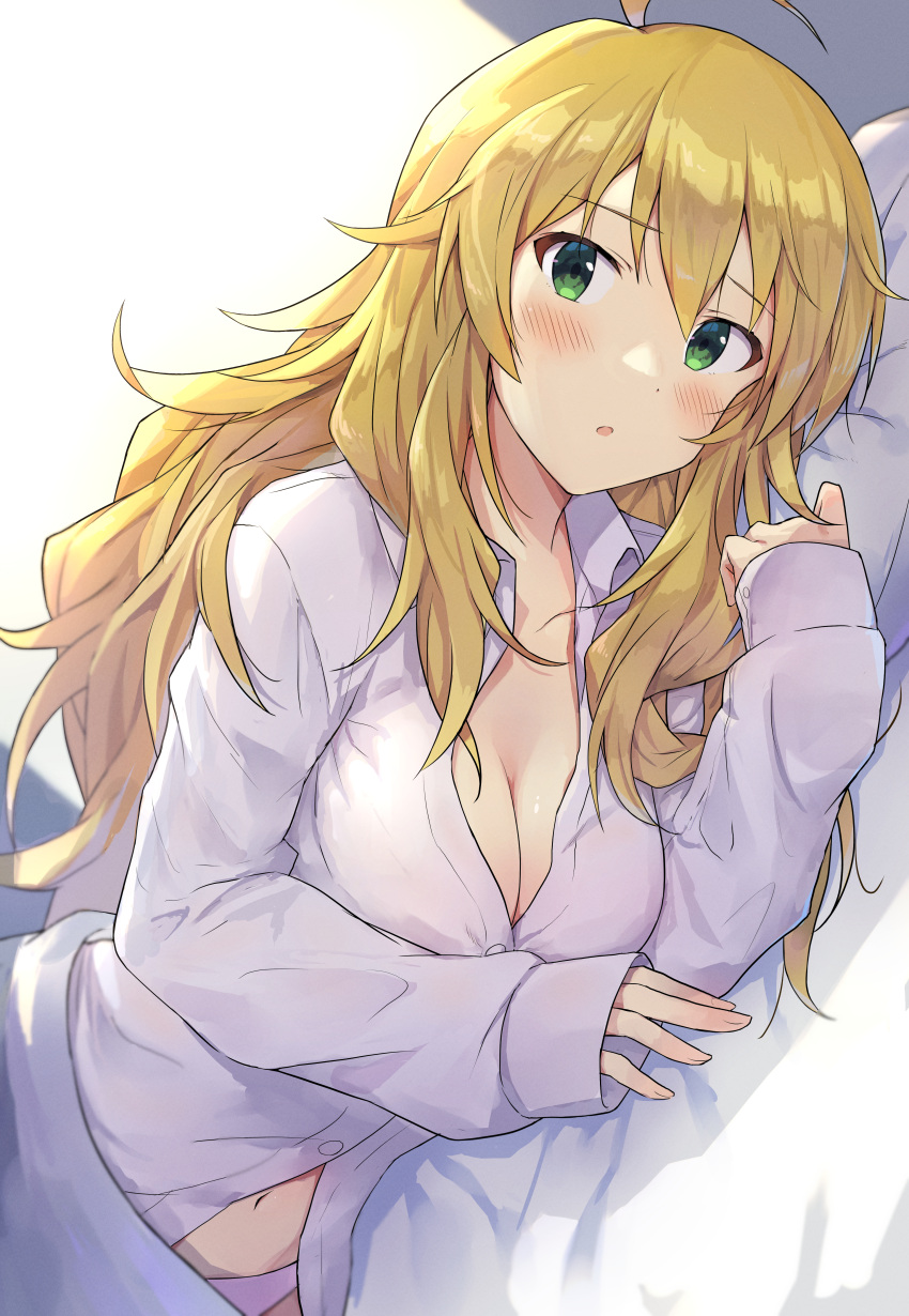 1girl :o absurdres blonde_hair blush borrowed_garments breasts cleavage collared_shirt eyebrows_visible_through_hair green_eyes highres hoshii_miki idolmaster idolmaster_million_live! idolmaster_million_live!_theater_days large_breasts long_hair looking_at_viewer lying navel on_side open_mouth panties partially_unbuttoned shirt shuucream_(syuichi) solo underwear white_shirt