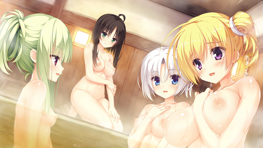 ahoge bangs barefoot bath bathing black_hair blonde_hair blue_eyes blunt_bangs blush breasts game_cg green_eyes green_hair hand_on_own_chest highres hitachi_mako indoors kneeling kobuichi large_breasts lena_liechtenauer long_hair multiple_girls murasame_(senren) muririn navel nipples nude open_mouth purple_eyes senren_banka short_hair side_bun silver_hair small_breasts smile steam stool tied_hair tomotake_yoshino wet wooden_bathtub wooden_stool wooden_wall