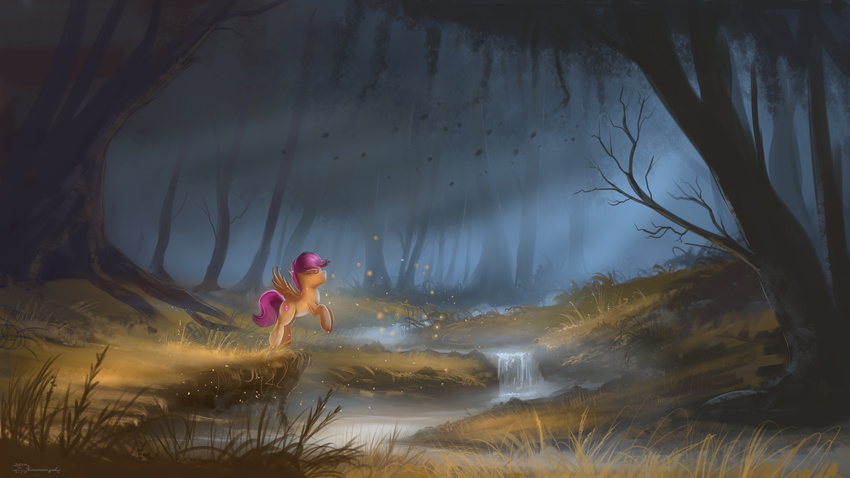 2016 creek cutie_mark day detailed_background equine eyes_closed feathered_wings feathers female feral fog forest friendship_is_magic fur grass hair hi_res hooves mammal my_little_pony orange_fur outside pegasus purple_hair scootaloo_(mlp) shamanguli solo tree water wings