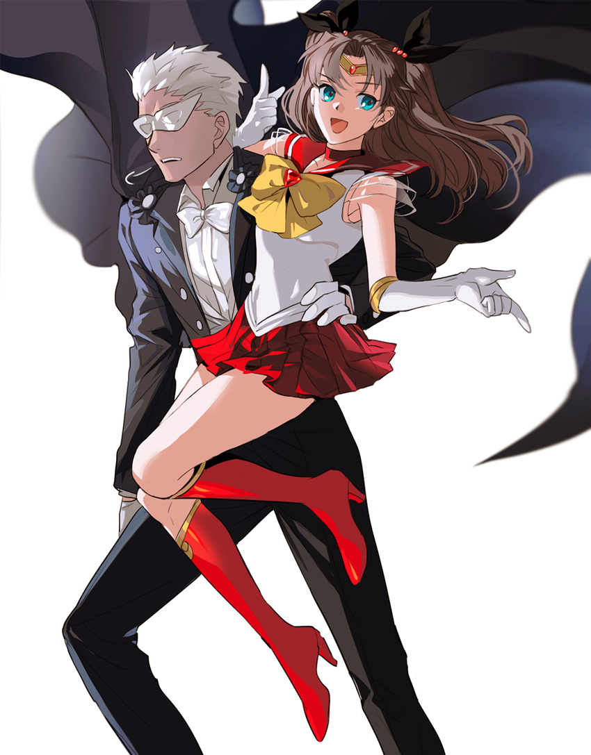 1girl 9sui :d archer bishoujo_senshi_sailor_moon black_ribbon blue_eyes boots bow bowtie brown_hair cape choker circlet cosplay dark_skin dark_skinned_male fate/stay_night fate_(series) gloves hair_ribbon highres knee_boots magical_girl mask open_mouth red_footwear red_sailor_collar ribbon sailor_collar sailor_mars sailor_mars_(cosplay) sailor_senshi_costume sailor_senshi_uniform short_hair simple_background skirt smile tiara toosaka_rin tuxedo_kamen tuxedo_kamen_(cosplay) two_side_up white_background white_gloves white_hair