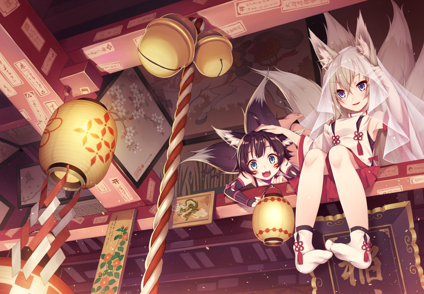 :3 :d animal_ears armor bangs barefoot bell black_hair blue_eyes breasts ceiling detached_sleeves elbow_gloves eyebrows eyebrows_visible_through_hair facial_mark fine_art_parody fingerless_gloves foot_dangle fox_ears fox_girl fox_tail frame from_below gloves hair_between_eyes hair_tucking hakama_skirt hand_on_another's_head hand_up holding_lantern indoors japanese_armor japanese_clothes jingle_bell kimono kote kouhaku_nawa lantern legs_up light_particles light_rays looking_at_viewer looking_down lying medium_breasts miniskirt multiple_girls multiple_tails nihonga no_shoes nontraditional_miko ofuda on_stomach open_mouth original painting_(object) paper_lantern parody parted_lips pigeon-toed rope school_uniform shide shinto short_hair shrine shrine_bell silver_hair sitting skirt sleeveless sleeveless_kimono smile tabi tail tassel ukiyo-e veil warabimochi_kinako white_legwear