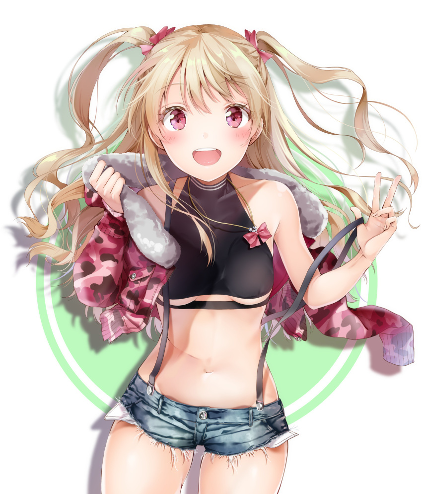 1girl :d absurdres blonde_hair blue_shorts blush bow breasts cowboy_shot crop_top denim denim_shorts floating_hair fur-trimmed_jacket fur_trim hair_bow highres jacket long_hair looking_at_viewer midriff navel open_clothes open_jacket open_mouth original pink_jacket red_bow red_eyes short_shorts shorts simple_background small_breasts smile solo standing stomach suspender_shorts suspenders torn_clothes torn_shorts twintails underboob white_background yoshida_iyo