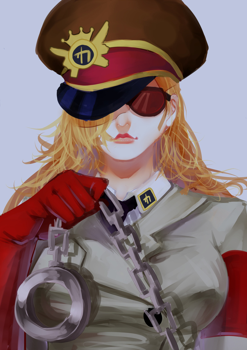 8chinchin absurdres blonde_hair chain curly_hair domino_(one_piece) gloves grey_background hair_over_one_eye hat highres long_hair military military_hat military_uniform one_piece portrait simple_background solo sunglasses uniform