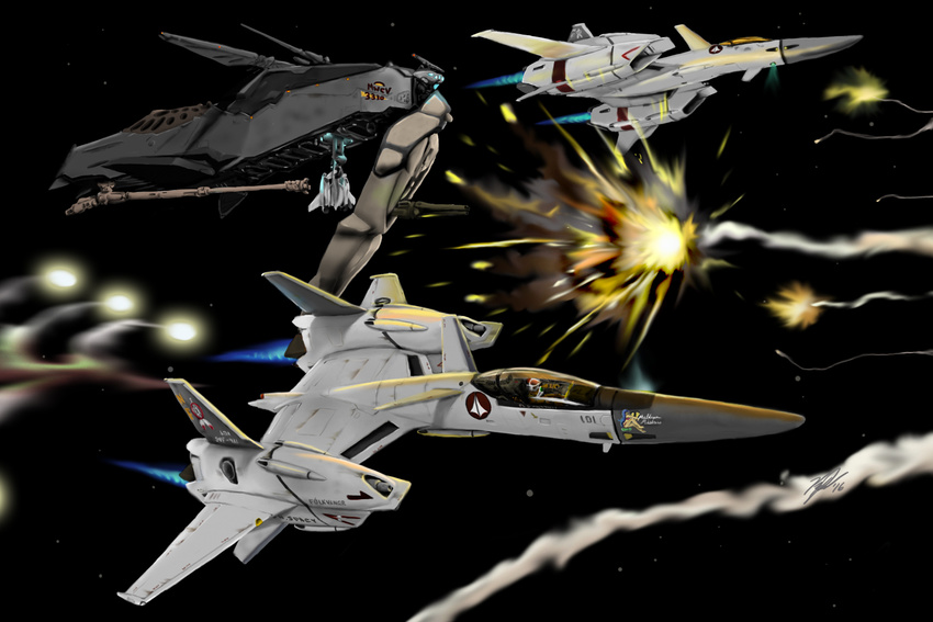 afterburner antennae armor battle canards cannon canopy cockpit condensation_trail energy_cannon explosion falconkpd hatchet_class_destroyer helmet highres insignia macross macross_vf-x macross_vf-x2 mecha missile nose_art pilot pilot_suit radar realistic science_fiction space space_craft spacesuit star_(sky) u.n._spacy variable_fighter vf-4