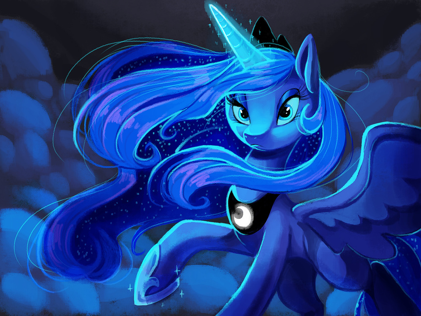 2015 abstract_background blue_eyes blue_feathers blue_fur blue_hair cosmic_hair crown equine feathered_wings feathers female feral friendship_is_magic fur hair hi_res horn jewelry looking_at_viewer magic mammal my_little_pony necklace princess_luna_(mlp) shira-hedgie solo spread_wings winged_unicorn wings