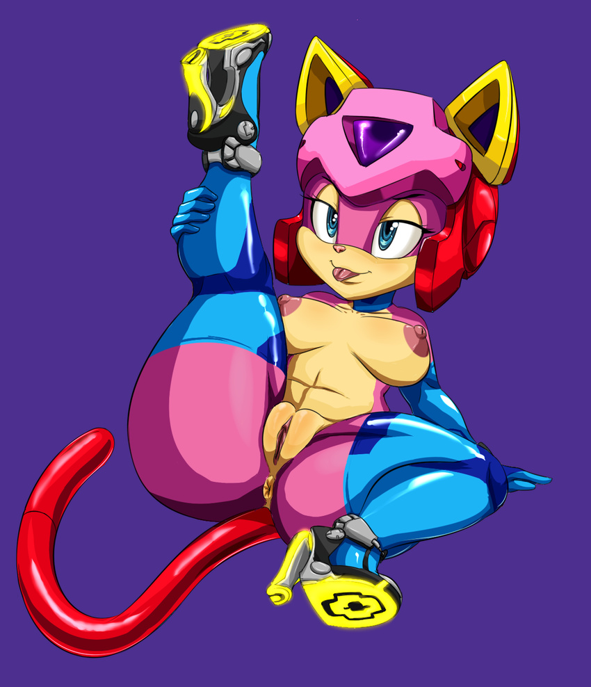 anus bent_over big_breasts big_butt breasts butt clothing cybernetics cyborg feline footwear high_heels machine mammal navel nipples pinup polly_esther pose presenting pussy samurai_pizza_cats thecon tongue tongue_out