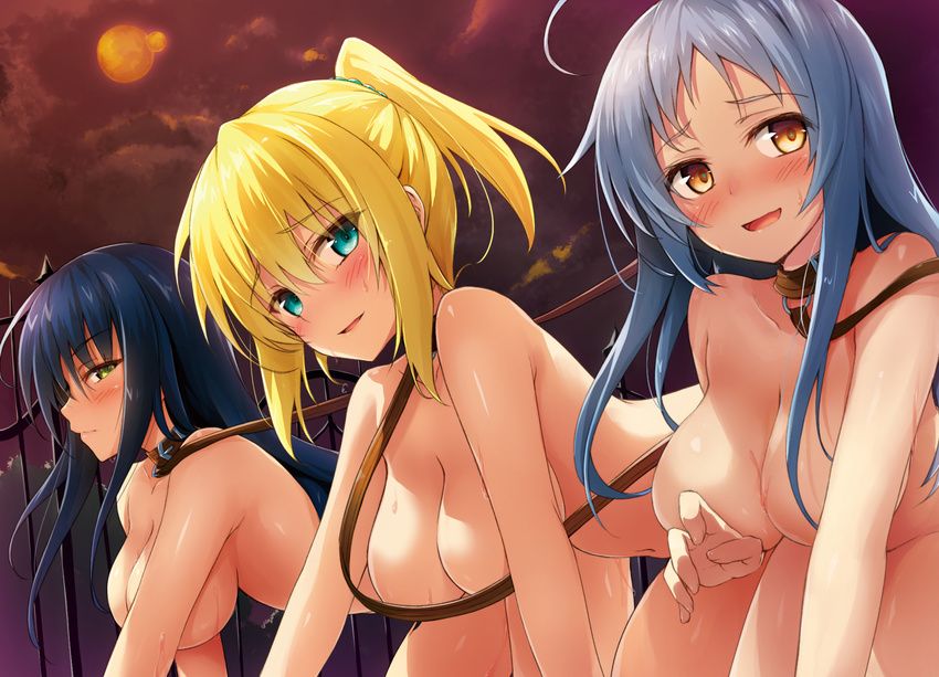 ahoge all_fours aqua_eyes bdsm black_hair blonde_hair blue_hair blush breasts brown_eyes character_request collar convenient_censoring cool_maso!_fantasy_shitsukete_himekishi-sama exhibitionism hair_ornament hair_over_breasts highres large_breasts leash long_hair multiple_girls non-web_source nude oozora_itsuki ponytail sidelocks smile sweat yellow_eyes