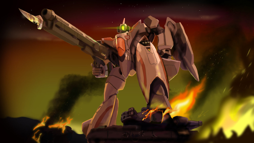 bayonet burning damaged dusk falconkpd fire glowing ground_vehicle gunpod insignia macross macross_plus macross_vf-x macross_vf-x2 mecha military military_vehicle motor_vehicle realistic reflection ruins science_fiction shield signature smoke star_(sky) tank u.n._spacy variable_fighter vf-11 wreckage