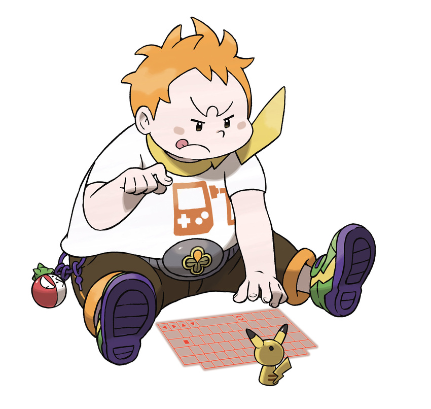 absurdres belt blush_stickers commentary fat highres hologram holographic_keyboard keychain maamane_(pokemon) male_focus official_art orange_hair pokemon pokemon_(game) pokemon_sm shirt shoes sitting sneakers solo sugimori_ken t-shirt tongue tongue_out trial_captain