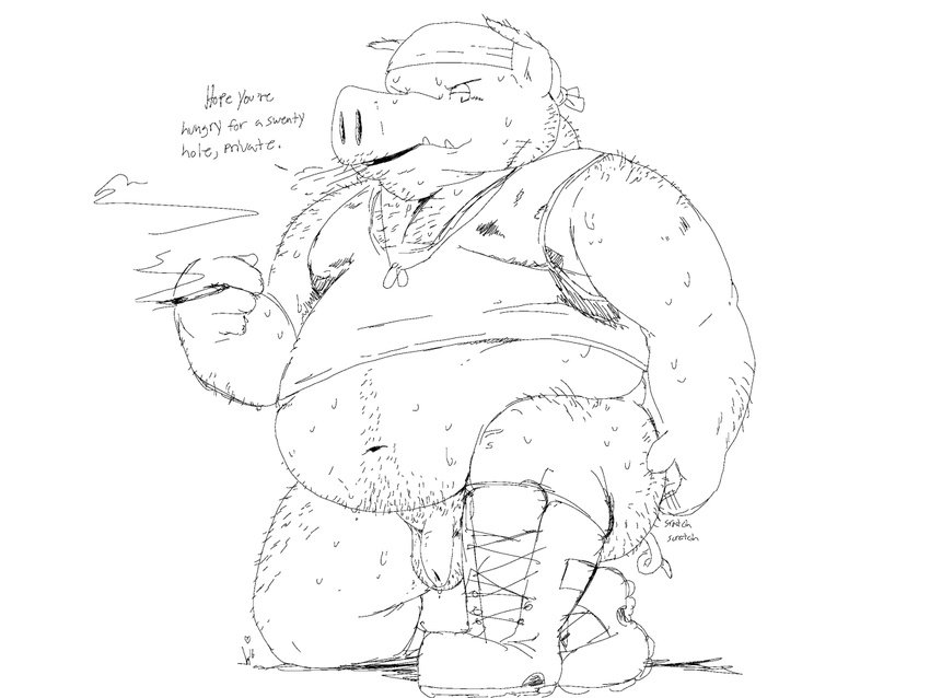 aliasing anthro balls bandanna black_and_white boots bottomless cigarette clothed clothing dialogue dog_tags flaccid footwear front_view hairy line_art looking_at_viewer male mammal monochrome navel on_one_knee overweight penis pig porcine rohly scratching smoking solo sweat talking_to_viewer