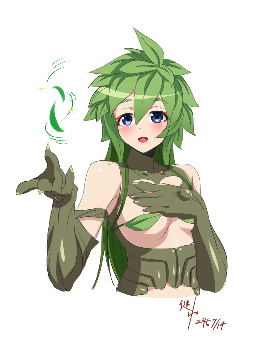 2016 absurdres ahoge blue_eyes blush breasts covering_nipples dated dryad green_hair hand_on_own_chest highres kagiyama_(gen'ei_no_hasha) kii_(monster_musume) leaf long_hair monster_girl monster_musume_no_iru_nichijou nude open_mouth plant_girl plant_hair signature simple_background small_breasts solo white_background