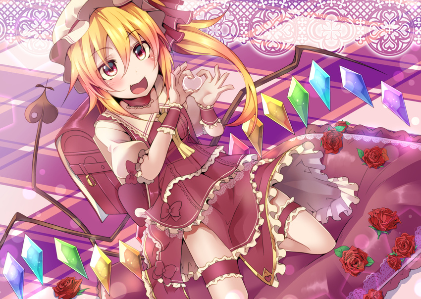adapted_costume backpack bag blonde_hair checkered checkered_floor crystal dress fang flandre_scarlet flower hair_between_eyes hat heart heart_hands highres leg_garter looking_at_viewer mob_cap open_mouth puffy_short_sleeves puffy_sleeves rando_seru randoseru red_dress red_eyes red_flower red_rose rose shirt short_sleeves solo touhou vampire white_shirt wings wrist_cuffs