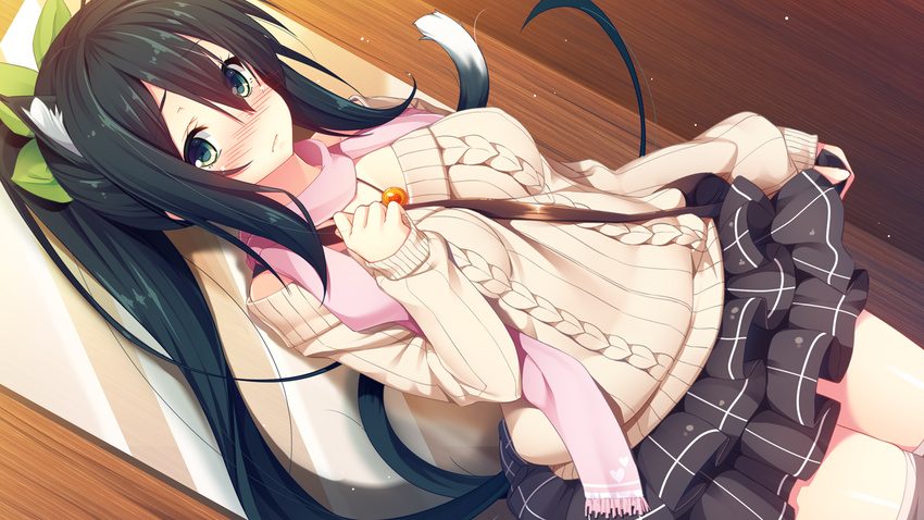 1girl animal_ears aristear_remain astronauts astronauts_comet black_hair black_skirt black_thighhighs blush cat_ears cat_girl cat_tail closed_mouth female frills game_cg green_eyes hair_bow hair_ornament himeno_haruka kokusan_moyashi long_hair long_sleeves looking_at_viewer ponytail rozea scarf shy skirt solo tail thighhighs zettai_ryouiki