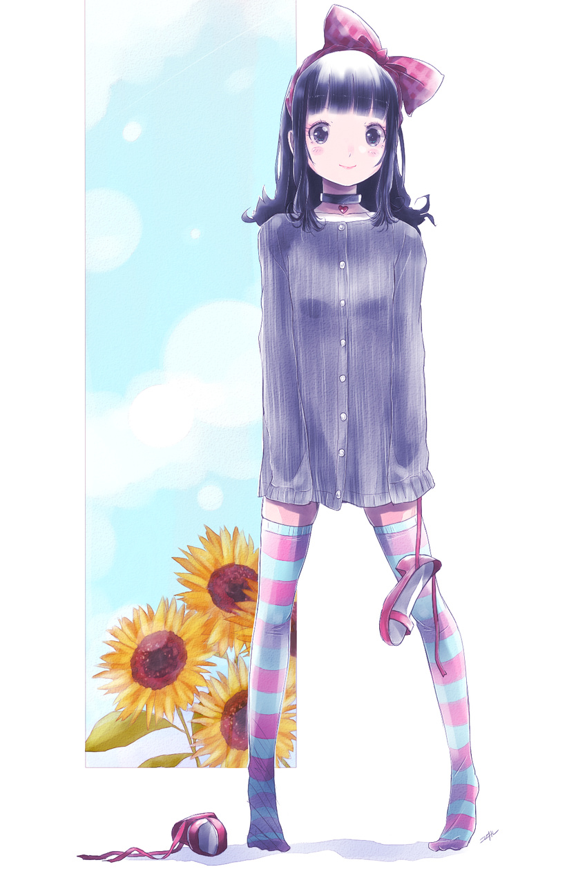 black_eyes black_hair choker highres kowiru long_hair original oversized_clothes revision shoes_removed smile solo standing striped striped_legwear thighhighs