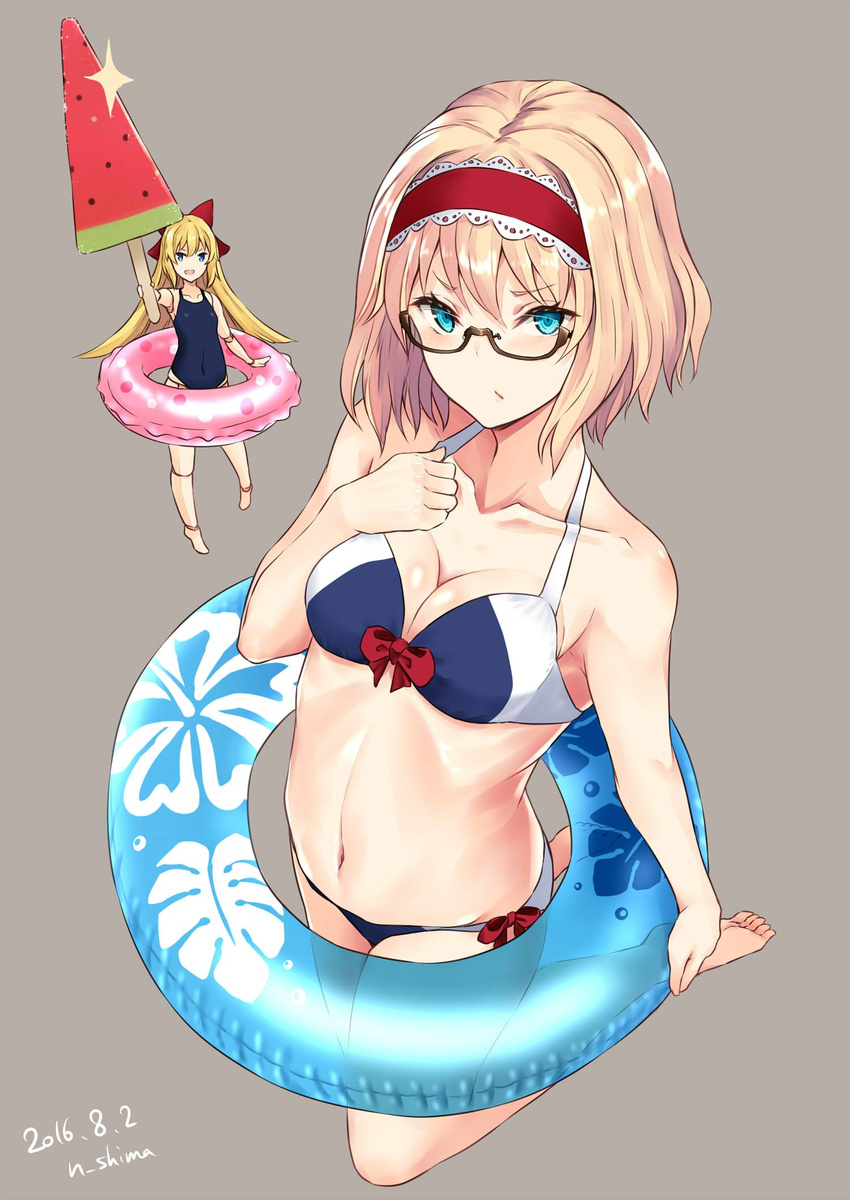 2016 alice_margatroid barefoot bespectacled bikini blonde_hair blue_bikini blue_eyes bow breasts cleavage collarbone covered_navel dated doll doll_joints food full_body glasses hair_bow hairband highres innertube looking_at_viewer medium_breasts nabeshima_tetsuhiro navel one-piece_swimsuit popsicle red_bow school_swimsuit semi-rimless_eyewear shanghai_doll short_hair simple_background solo sparkle swimsuit touhou twitter_username under-rim_eyewear watermelon_bar