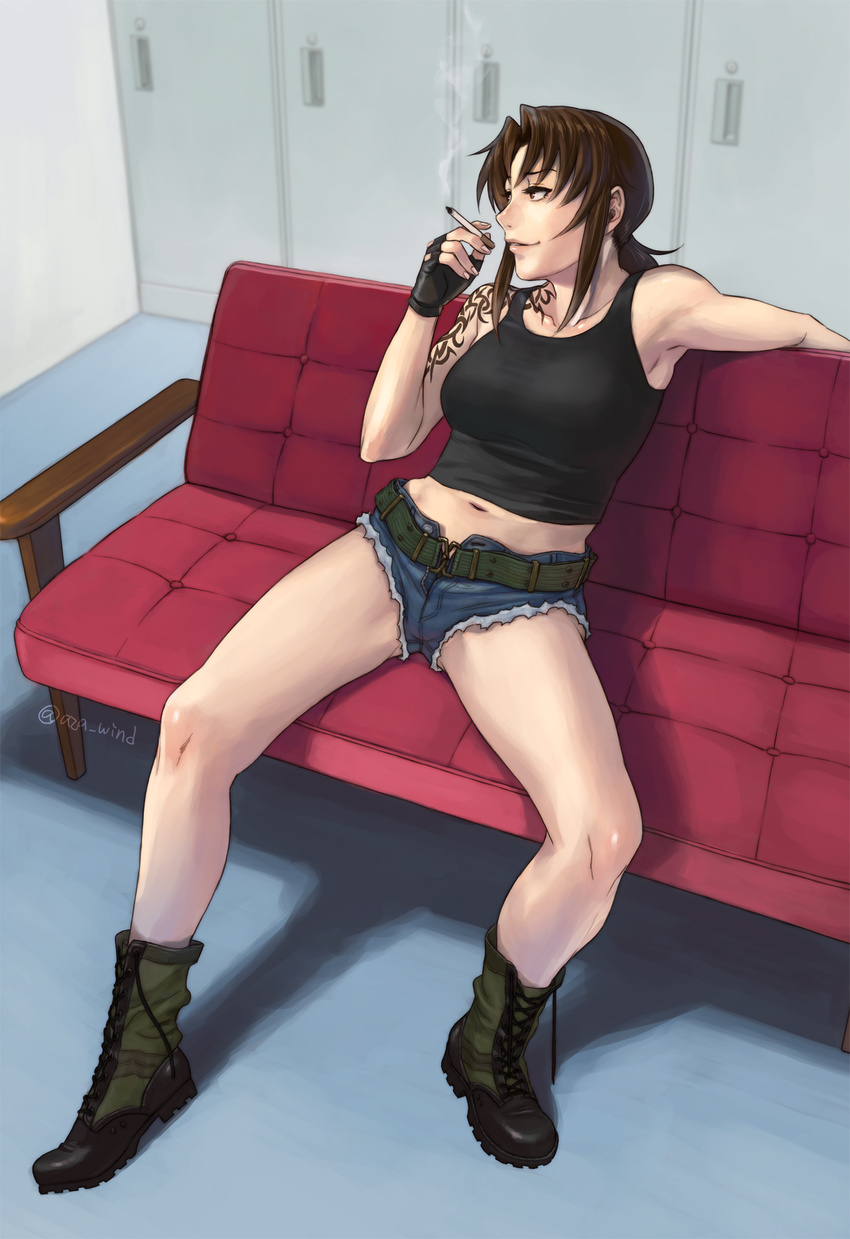 ankle_boots arm_tattoo azasuke bangs bare_legs belt between_fingers black_gloves black_lagoon black_shirt blue_shorts boots breasts brown_eyes brown_hair cigarette collarbone couch cross-laced_footwear cutoffs denim denim_shorts fingerless_gloves full_body gloves green_footwear highres holding holding_cigarette indoors lace-up_boots large_breasts legs locker locker_room long_hair looking_away low_ponytail midriff navel on_couch open_fly outstretched_arm parted_lips ponytail revy_(black_lagoon) shadow shirt short_shorts shorts sidelocks sitting sleeveless smile smoke smoking solo spread_legs stomach tank_top tattoo tomboy tribal_tattoo twitter_username unbuttoned wall