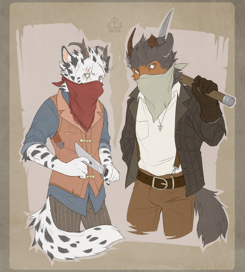 anthro bandanna bear canine clothed clothing diesel_wiesel duo horn jewelry knife male mammal necklace pickaxe simple_background standing