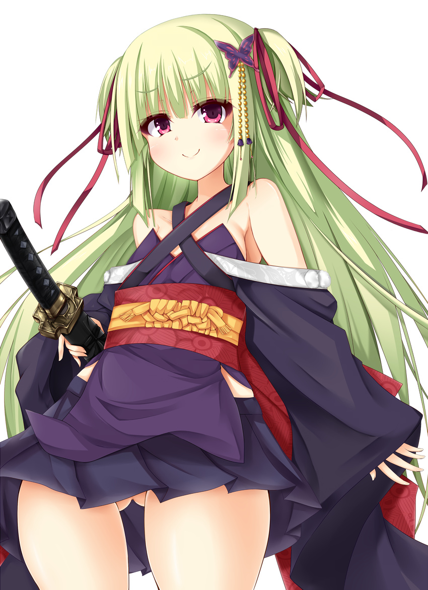 bare_shoulders butterfly_hair_ornament ero-god eyebrows eyebrows_visible_through_hair green_hair hair_ornament hair_ribbon highres japanese_clothes katana long_hair looking_at_viewer murasame_(senren) no_panties pink_eyes ribbon senren_banka smile solo sword transparent_background two_side_up weapon