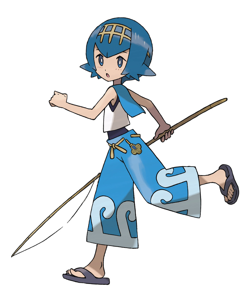 :o absurdres androgynous baggy_pants blue_hair blue_sailor_collar bright_pupils capri_pants commentary fishing_rod full_body highres holding looking_at_viewer official_art open_mouth pants pokemon pokemon_(game) pokemon_sm running sailor_collar sandals short_hair sleeveless solo sugimori_ken suiren_(pokemon) trial_captain