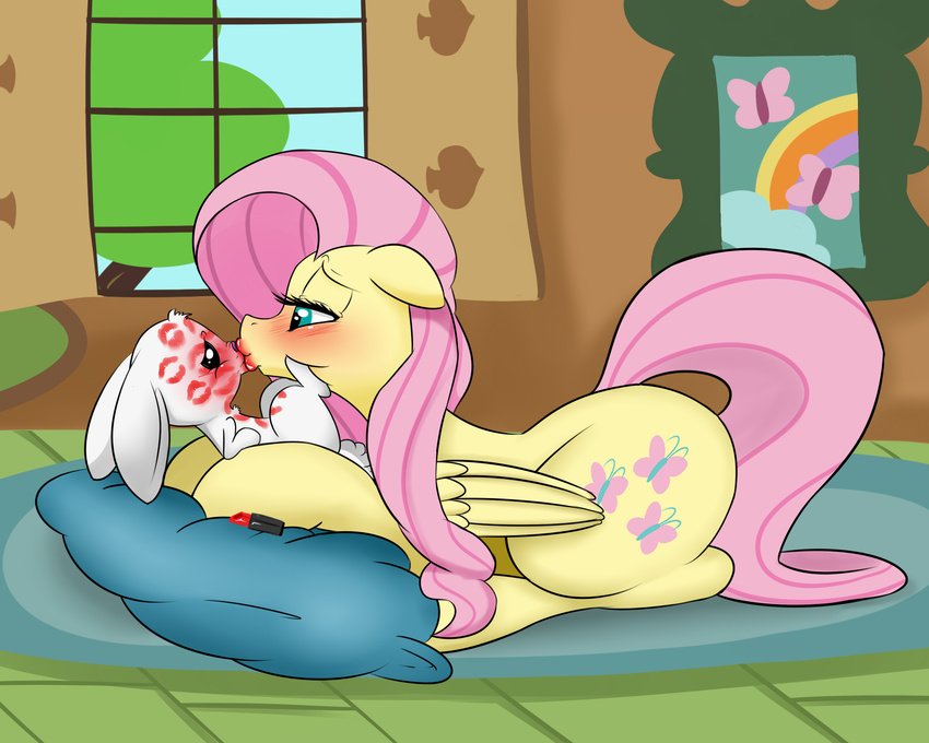 2016 angel_(mlp) blush digitaldomain123 duo equine female feral fluttershy_(mlp) friendship_is_magic kiss_mark kissing lagomorph male mammal my_little_pony pegasus rabbit smile wings