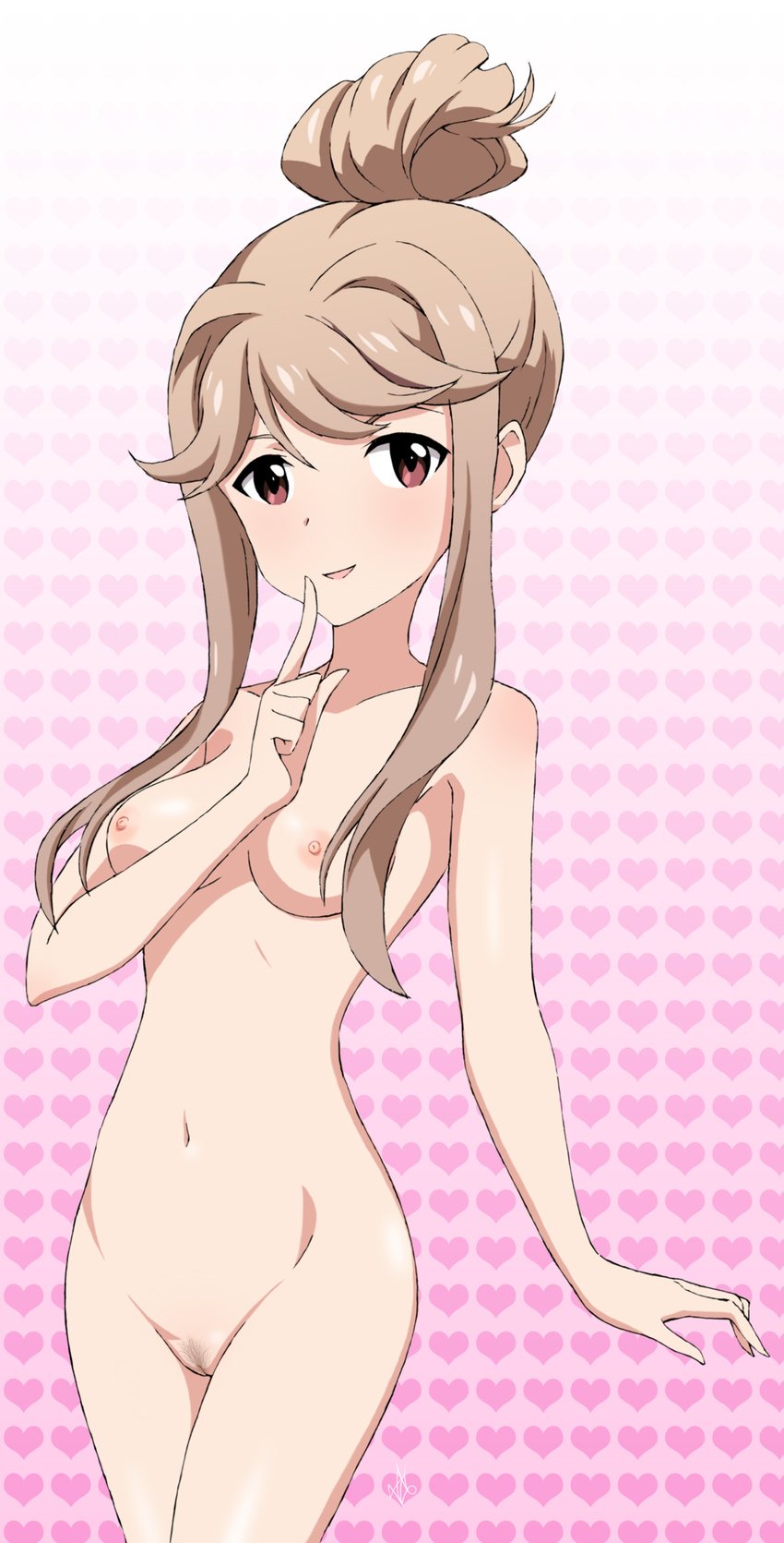 1girl blush breasts female gradient gradient_background hair_bun halftone_background heart heart_background idolmaster idolmaster_million_live! light_brown_hair looking_at_viewer maroon_eyes navel nipples nude open_mouth pink_background pubic_hair pussy short_hair_with_long_locks sidelocks signature smile solo tenkuubashi_tomoka uncensored vzmk2 white_background