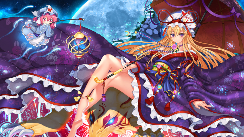 absurdres alternate_costume ankle_bell aura bad_id bad_pixiv_id bangs barefoot blonde_hair blue_eyes blush breasts bug butterfly butterfly_on_hand carrying chibi choker claws cleavage covered_mouth crossed_legs diamond facial_mark floating floating_hair floral_print flower flying fox_mask frilled_kimono frills full_moon glowing glowing_eyes hair_between_eyes hands_together hat hat_ribbon heart highres hitodama holding holding_pipe hydrangea insect japanese_clothes jewelry kimono kiseru kofboy lantern large_breasts legs light_particles long_hair long_sleeves looking_at_viewer magic_circle mask mob_cap moon multiple_girls night night_sky obi off_shoulder pink_eyes pink_hair pipe purple_eyes ribbon ribbon_trim saigyouji_yuyuko sash shiny shiny_skin sky smile sparkle star_(sky) starry_sky thighs toes touhou triangular_headpiece umbrella veil very_long_hair wide_sleeves yakumo_ran yakumo_ran_(fox) yakumo_yukari