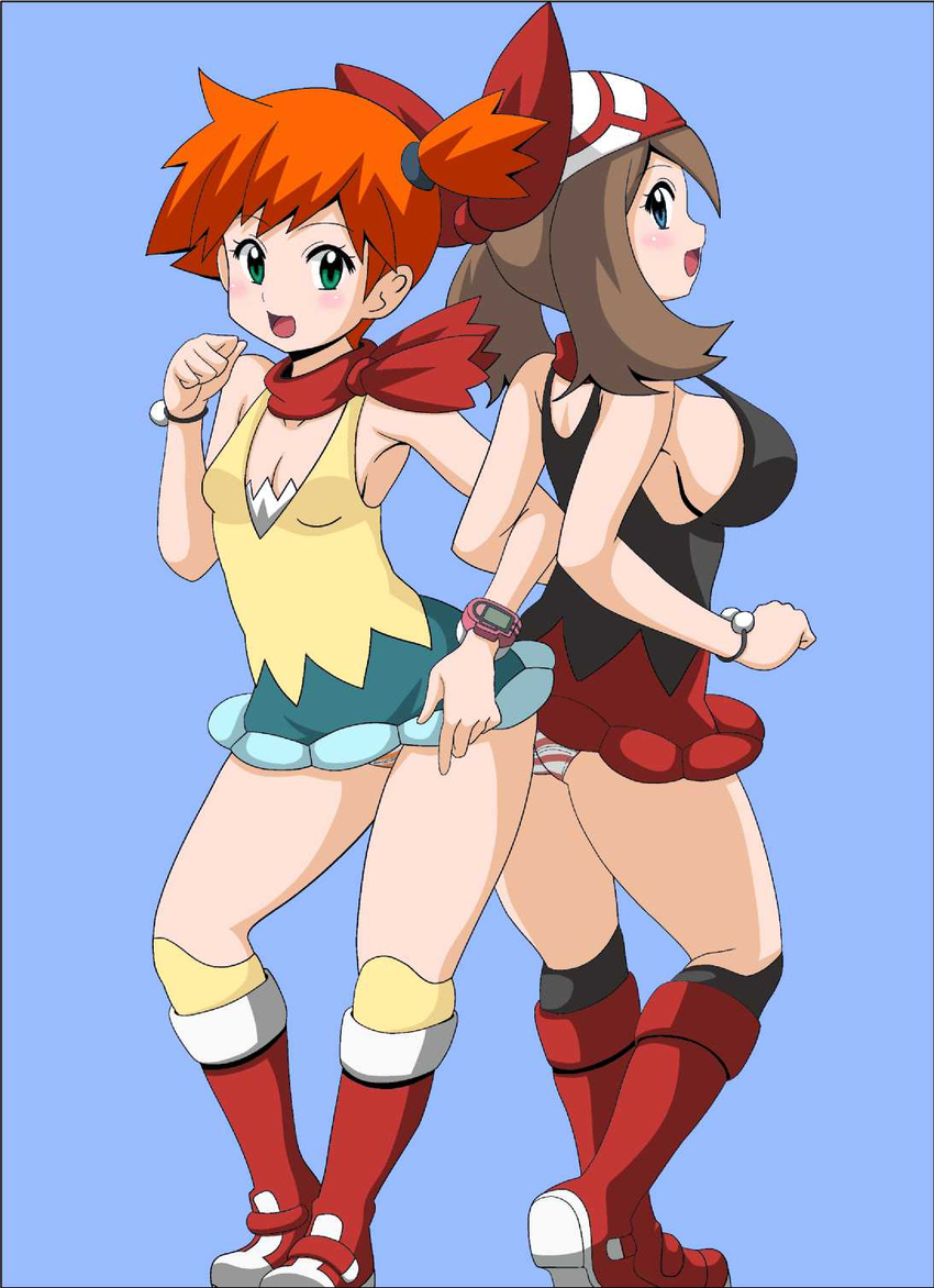 ass boots breasts gym_leader haruka_(pokemon) hat highres kasumi_(pokemon) koutarosu large_breasts multiple_girls orange_hair panties pokemon pokemon_(anime) scarf short_hair side_ponytail skirt smile thighhighs underwear