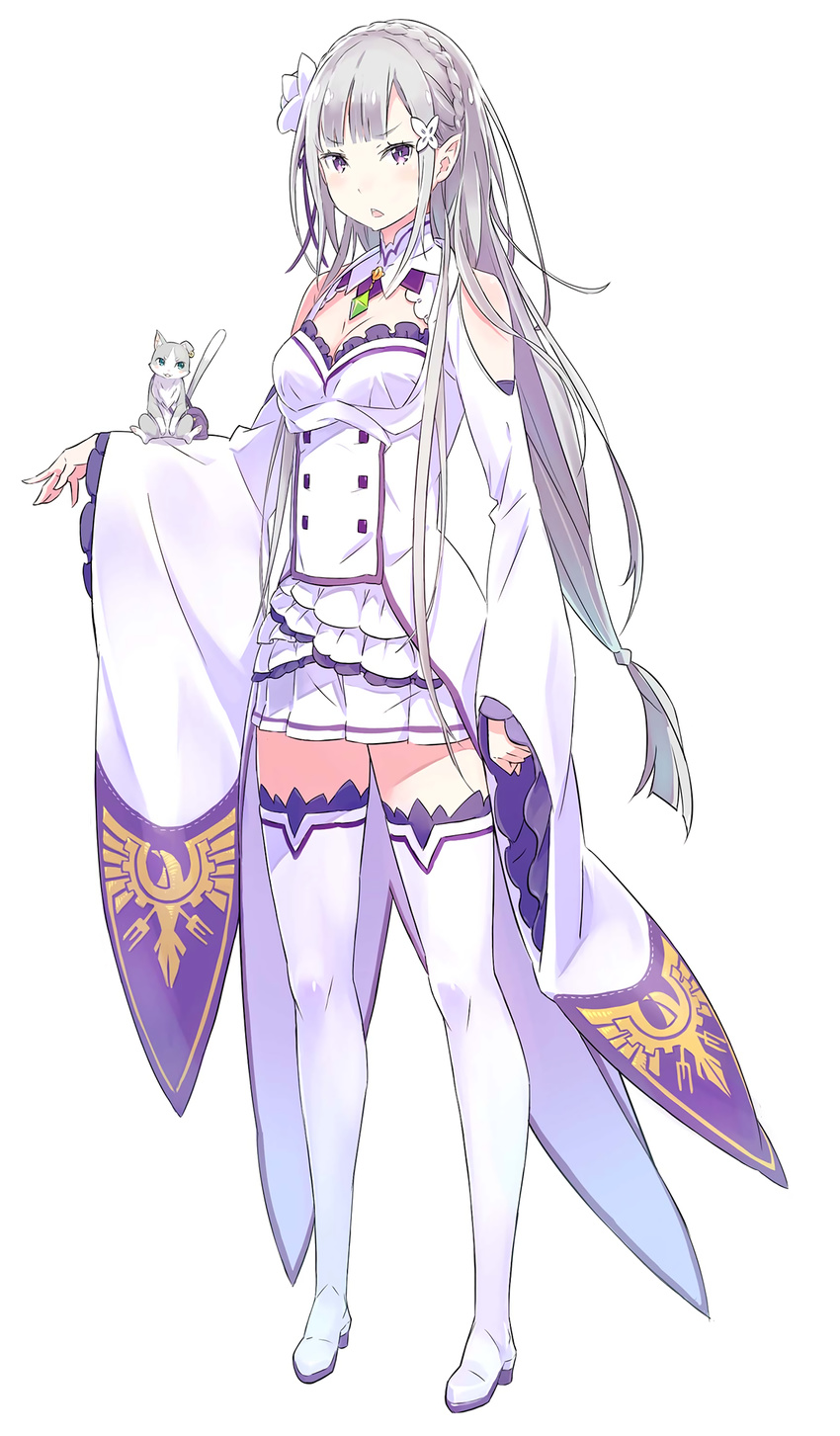 1girl absurdres bag bangs bare_shoulders blunt_bangs blush boots braid breasts carrying cat cleavage cleavage_cutout dress earrings emilia emilia_(re:_life) emilia_(re:zero) flower french_braid frills full_body gashin hair_flower hair_ornament high_heel_boots high_heels highres jewelry long_hair matsue_daichi miniskirt official_art open_mouth outstretched_arm pack_(re:zero) pack_(rezero) pleated_skirt pointy_ears purple_eyes re:_life_in_a_different_world_from_zero re:zero_kara_hajimeru_isekai_seikatsu re_zero_kara_hajimeru_isekai_seikatsu rezero showgirl_skirt silver_hair simple_background single_earring skirt sleeves_past_wrists thigh_boots thighhighs very_long_hair white white_background white_boots white_legwear wide_sleeves zettai_ryouiki