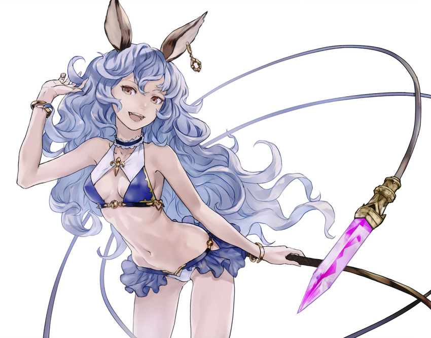 :d animal_ears arm_up ass_visible_through_thighs bare_shoulders bikini blue_hair bracelet breasts brown_eyes choker cowboy_shot earrings erune ferry_(granblue_fantasy) granblue_fantasy jewelry leaning_forward long_hair navel open_mouth redjuice simple_background small_breasts smile solo swimsuit video_crop whip white_background