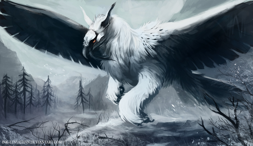 amber_eyes ambiguous_gender avian beak black_beak black_feathers claws day detailed_background facial_hair feathered_wings feathers feral flying fur gryphon ink-leviathan outside snow solo tree white_fur wings