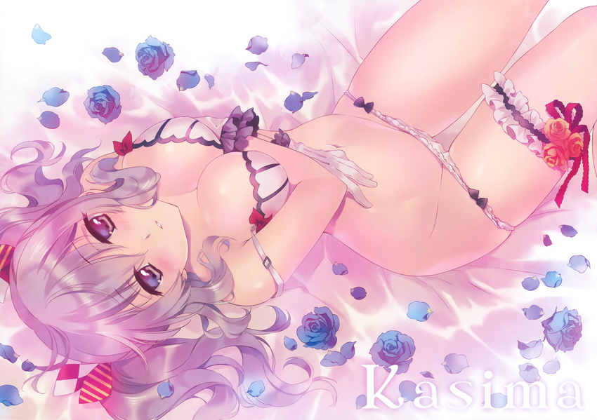 absurdres bed_sheet blue_eyes blush bra breast_hold breasts carnelian character_name cleavage flower gloves groin highres huge_filesize kantai_collection kashima_(kantai_collection) kunreishiki leg_garter looking_at_viewer lying medium_breasts on_back on_bed panties panty_pull parted_lips petals scan silver_hair solo strap_slip twintails underwear underwear_only white_bra white_gloves white_panties