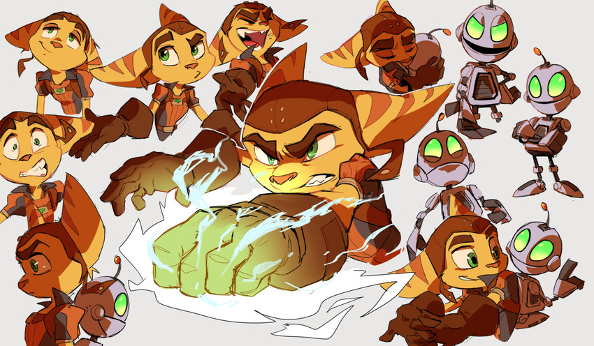 angry anthro belt clank clothing duo gloves green_eyes hug lombax machine male open_mouth ratchet ratchet_and_clank robot shira-hedgie smile teeth video_games