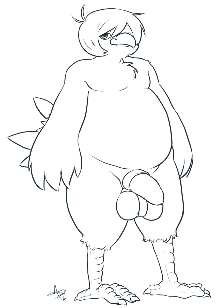 anthro aogami avian balls big_balls big_penis chest_tuft chocobo cock_ring feathers final_fantasy hair half-closed_eyes looking_at_viewer male penis simple_background sketch slightly_chubby solo square_enix standing talons tuft video_games