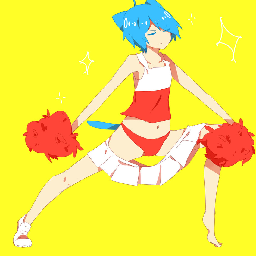 1boy animal_ears bare_arms bare_legs bare_shoulders barefoot blue_hair cat_ears cat_tail cheerleader child closed_mouth collarbone colored_eyelashes crossdressing eyes_closed full_body gumball_watterson male_focus mei_(tsukimei99) navel panties pom_poms shoes simple_background skirt solo tank_top the_amazing_world_of_gumball underwear yellow_background