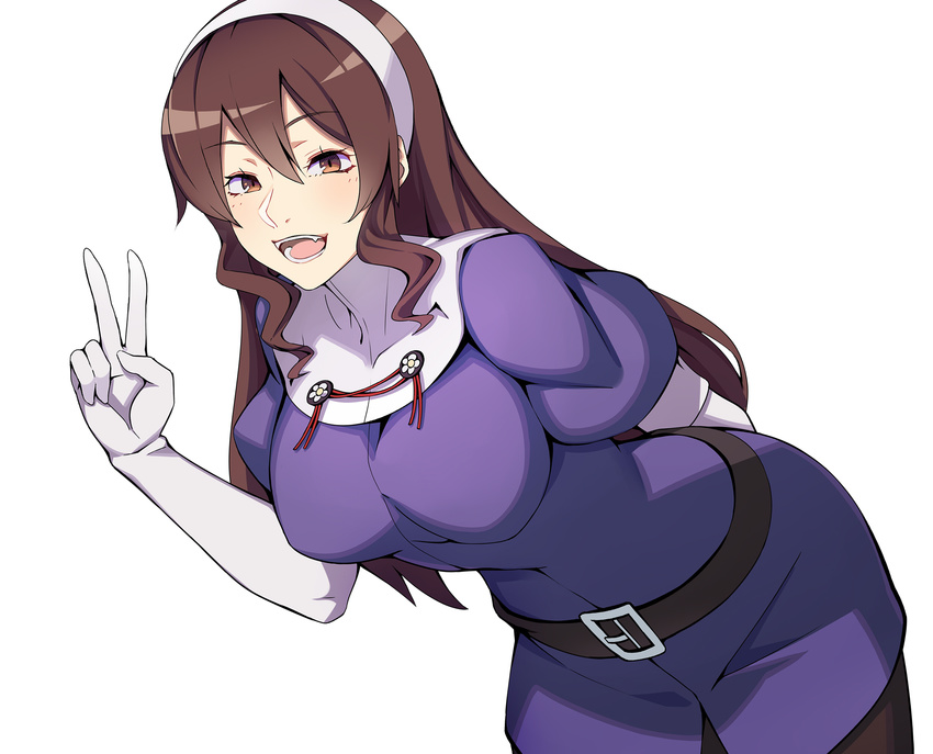 arm_behind_back ashigara_(kantai_collection) belt black_skirt breasts brown_eyes brown_hair elbow_gloves fangs gloves hair_between_eyes hairband highres kantai_collection large_breasts leaning_forward long_hair open_mouth puffy_short_sleeves puffy_sleeves short_sleeves simple_background skirt smile solo teeth uniform v wavy_hair white_background white_gloves yuuten
