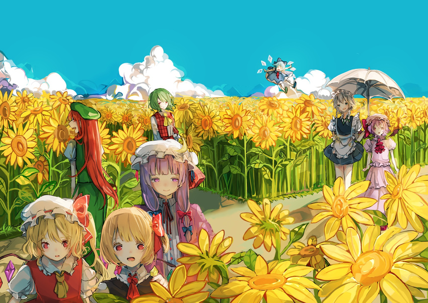 &gt;_&lt; apron arms_at_sides ascot bat_wings beret black_vest blonde_hair blue_dress blue_eyes blue_footwear blue_hair blue_sky bow braid chinese_clothes cirno closed_eyes cloud collared_shirt crescent crescent_moon_pin day dress flandre_scarlet garden_of_the_sun green_hair green_skirt hair_bow hair_ribbon hat hat_bow hat_ornament highres holding holding_umbrella hong_meiling ice ice_wings izayoi_sakuya kazami_yuuka light_smile long_hair looking_at_another looking_down looking_to_the_side maid maid_apron maid_headdress mob_cap multiple_girls nukominto odd_one_out open_mouth parasol patchouli_knowledge pink_shirt pink_skirt plaid plaid_skirt plaid_vest puffy_short_sleeves puffy_sleeves purple_coat purple_hair red_eyes red_hair red_skirt red_vest remilia_scarlet ribbon rumia shirt shoes short_dress short_hair short_sleeves side_ponytail side_slit silver_hair skirt skirt_set sky smile standing striped striped_dress tangzhuang touhou tress_ribbon twin_braids umbrella very_long_hair vest walking white_shirt wings