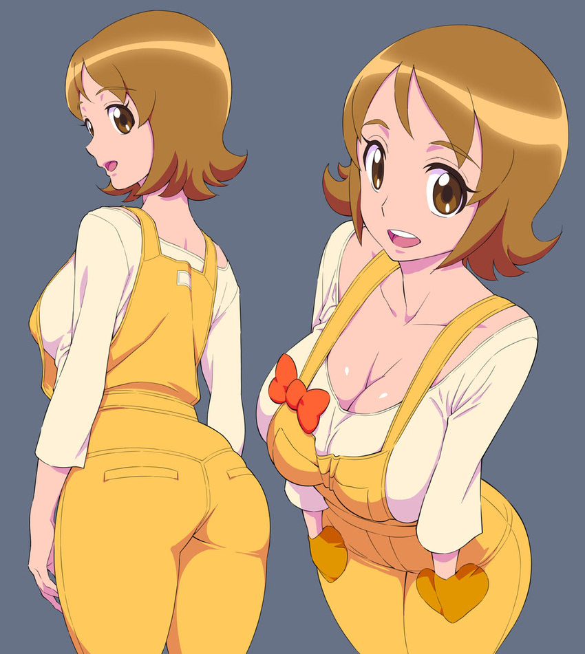 ass breasts brown_eyes brown_hair grey_background happinesscharge_precure! highres looking_at_viewer medium_breasts oomori_yuuko overalls precure red-p revision short_hair simple_background smile solo wide_hips