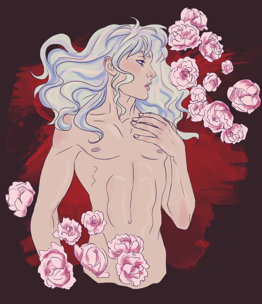 absurdres berserk blue_eyes eugenia_beilschmidt flower griffith highres kelheor lips long_hair male_focus peony_(flower) silver_hair solo wavy_hair white_hair