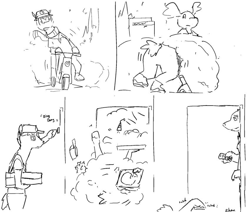 2016 ambiguous_gender ambiguous_species anthro clothing comic delivery door doorbell equine food frown group hat horse humor invalid_tag mammal money monochrome pants pizza scared scarf scooter shocked sketch snow surprise vehicle zhan