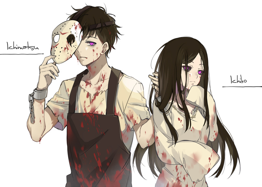 1girl apron bad_id bad_pixiv_id bags_under_eyes bangs black_hair black_sclera blood blood_on_arm blood_on_face bloody_clothes breasts chain character_name collarbone cuffs dripping ekita_xuan hockey_mask holding holding_another's_hair holding_mask ichiko_(osomatsu-san) long_hair long_sleeves looking_at_viewer mask matsuno_ichimatsu nightgown no_pupils one_eye_covered osomatsu-kun osomatsu-san purple_eyes shackles shirt short_sleeves simple_background sleeves_past_wrists small_breasts torn_clothes torn_shirt upper_body very_long_hair white_background wide_sleeves